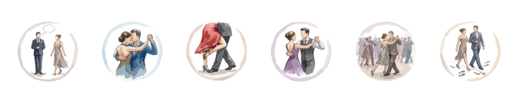 Elegant couples engaged in various ballroom dance poses and social interactions