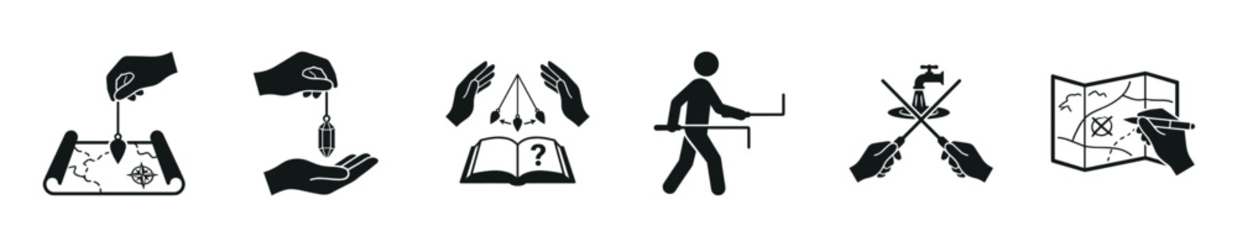 Set of icons representing divination, dowsing, and map reading for treasure hunting
