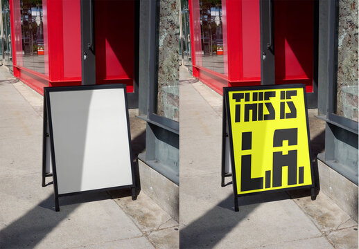 Mockup of A-frame Sign Stands on Urban Street in Los Angeles