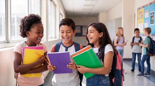 Back to school fun captures three diverse elementary children laughing with school supplies in a hallway for marketing materials