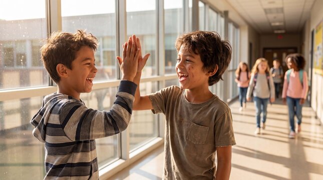 Back to school friendship shows two excited mixed-race elementary boys high-fiving and laughing in a hallway for marketing banners