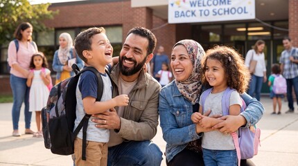 Fototapeta premium This back-to-school photo shows a happy North African family with father, mother, son and daughter entering a school entrance for marketing posters