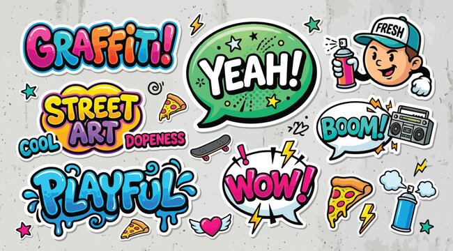 Set of colorful graffiti stickers and elements with urban style, comic speech bubbles, and street art icons