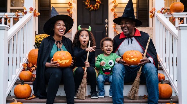 A mixed-race family with toddlers celebrates Halloween on front porch steps, looking surprised and playful, for autumn marketing content