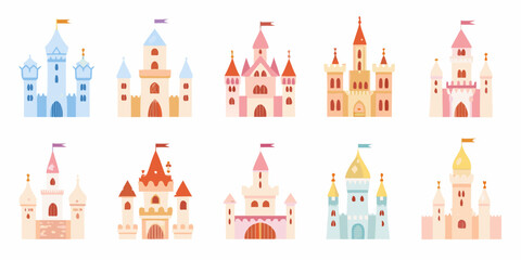 Colorful castle illustrations arranged in two rows on a white background © Rupa