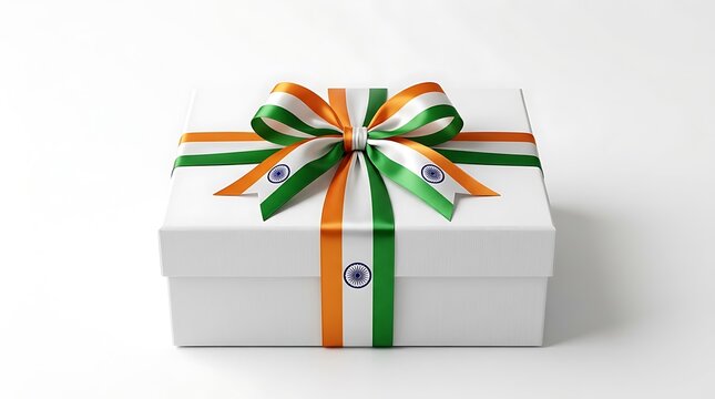 Gift box wrapped with indian flag ribbon and ashoka chakra emblem