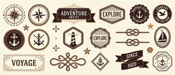 Vintage nautical badge vector set with compass anchor lighthouse sailboat rope knot ribbon banner frame ornamental border voyage adventure design elements for maritime brand logo template  © Ahmed