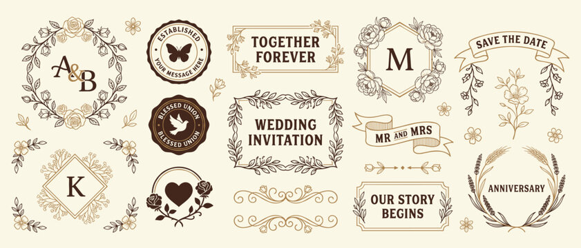 Vintage wedding badge vector set with monogram floral wreath heart dove ribbon banner frame ornamental border save the date design elements for bridal brand logo template
