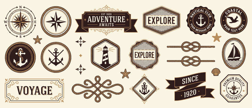 Vintage nautical badge vector set with compass anchor lighthouse sailboat rope knot ribbon banner frame ornamental border voyage adventure design elements for maritime brand logo template
