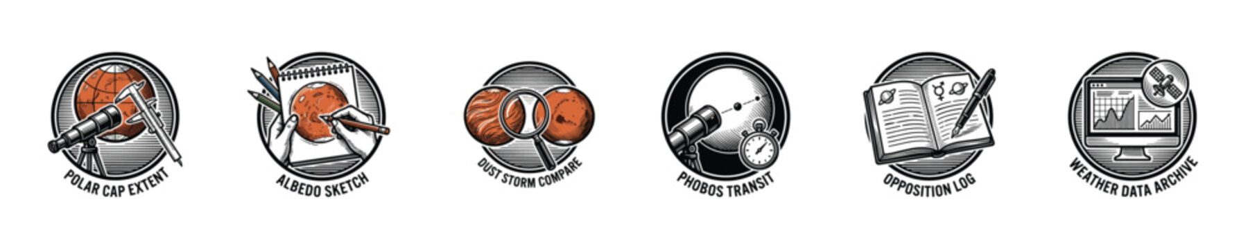 Set of icons depicting Mars exploration and data collection activities