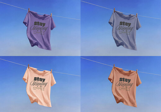 Mockup of T-shirts Hanging on a Line