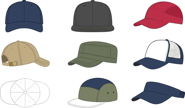 Men Baseball Cap and Hat Vector Icon Set Featuring Classic Snapback Trucker Cadet Cap 5 Panel Hat and Sun Visor for Fashion Apparel Mockups