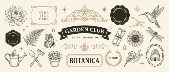 Vintage botanical badge vector set with flower fern butterfly hummingbird snail beehive ribbon banner frame ornamental border garden club design elements for floral brand logo template © Ahmed