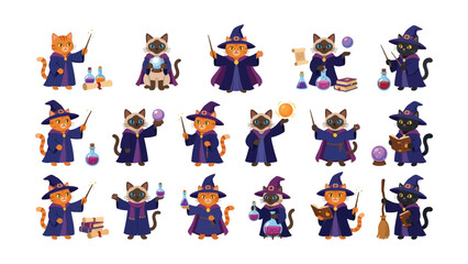 Fototapeta premium Collection of various adorable cartoon cats dressed as wizards and witches performing magic