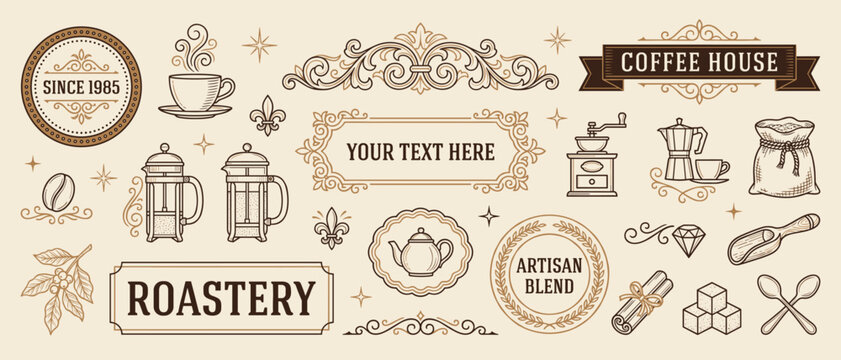Coffee shop badge vector set with cup press grinder bean bag teapot sugar cube ribbon banner frame ornamental border roastery design elements for cafe brand logo template
