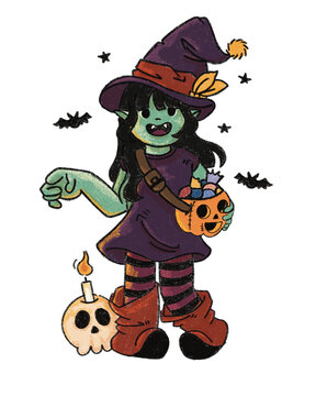 The cute witch for halloween with cryon texture