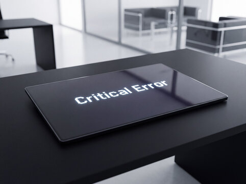 Tablet displaying critical error message on screen in modern office, illustrating computer system failure and software bug