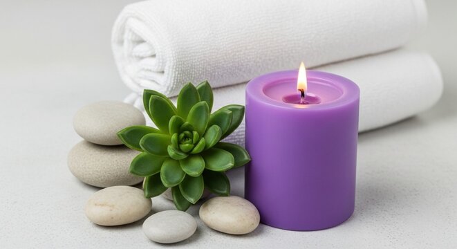 A lit purple pillar candle arranged elegantly beside a green succulent plant, smooth zen stones, and rolled white cotton towels on a minimalist background.