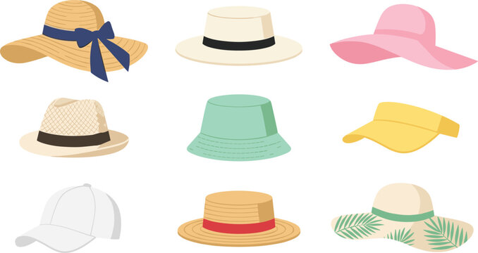 Summer Hat Vector Icon Set Featuring Straw Sunhats Panama Bucket Hats Baseball Caps and Sun Visors for Beach Vacation Fashion and Lifestyle Graphic Designs