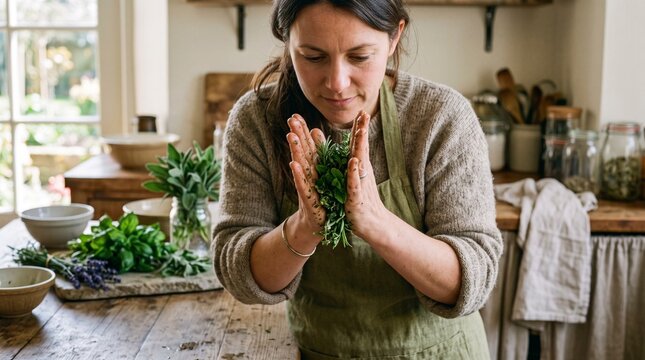 Woman smelling fresh herbs in a rustic kitchen preparing for cooking or crafting