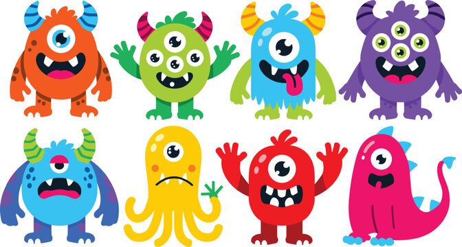 Cute and colorful alien monster characters vector set collection for kids birthday party invitations or greeting cards