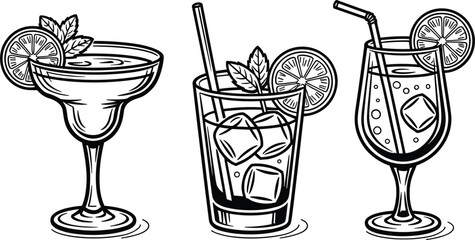 Tropical cocktail and beverage vector set line art drawing illustration with lemon slice ice cubes and mint leaf © MDSabbir