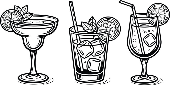 Tropical cocktail and beverage vector set line art drawing illustration with lemon slice ice cubes and mint leaf