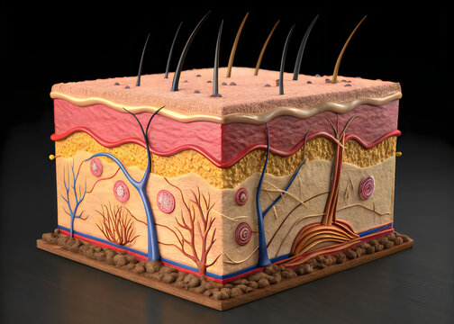 Cross-sectional diagram of human skin layers under water droplets