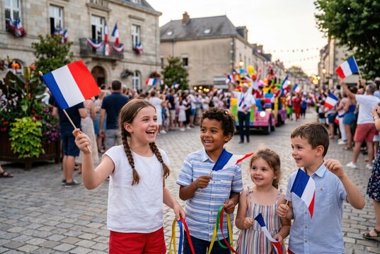 Joyful children celebrate Bastille Day in a festive French street parade