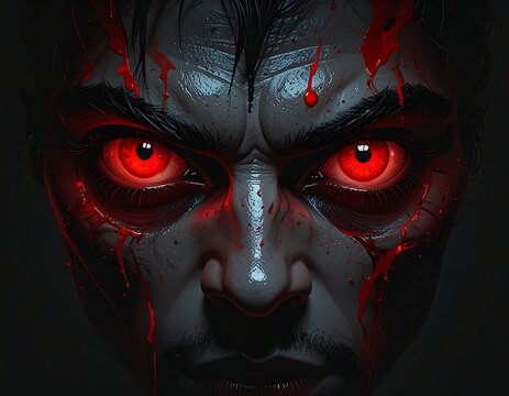 A close-up of a person's face with a menacing expression and bloodshot eyes