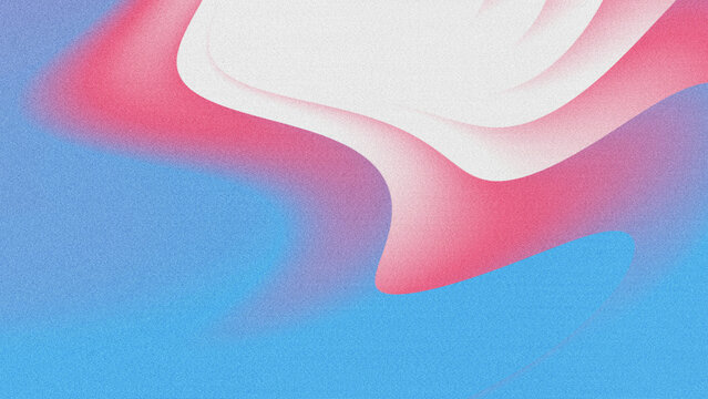 Smooth wavy, curved abstract shapes with grainy noise texture. Soft gradient blend of bright blue, blush pink, white, and light lavender. 