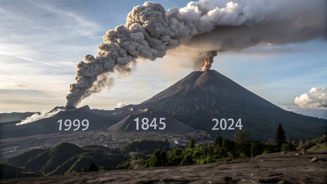 Volcano erupting with cascading hourglasses melting into smoke, 1999, 1845, 2024 years marked erupting volcano