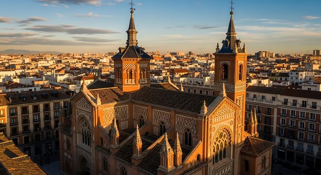 A stunning aerial view of a historic cathedral with two spires and intricate architecture, set against a backdrop of a sprawling cityscape during sunset