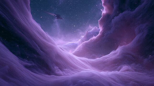 A luminous cosmic cloud glows with vibrant purple and blue hues against a dark starry backdrop