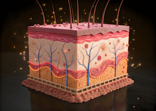 Cross-sectional view of human skin layers and hair follicles