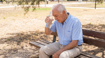 Fototapeta premium Senior man coping with summer heat, holding a water bottle to his forehead, feeling unwell on a park bench