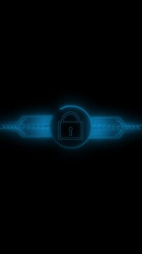 Neon blue lock icon on digital data background. Cyber security padlock symbol for automated system access permission. Digital lock animation for secure server mainframe.
