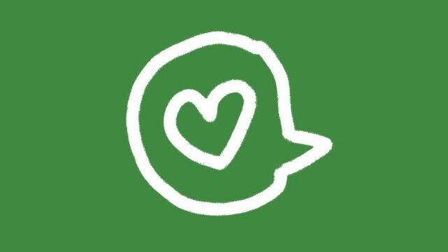 Heart speech bubble social media hand-drawn cartoon graphic with chalk outline romantic chat icon and creative charity notification pin isolated on green screen background for relationship support.