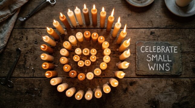 Overhead view of lit candles arranged in a spiral pattern on a rustic wooden table with a slate sign inscribed Celebrate Small Wins and metal candle snuffers.