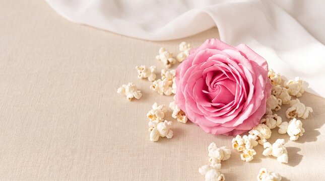 Elegant pink rose bloom surrounded by scattered popcorn on a soft beige surface with white fabric drapery for a romantic and whimsical flat lay composition