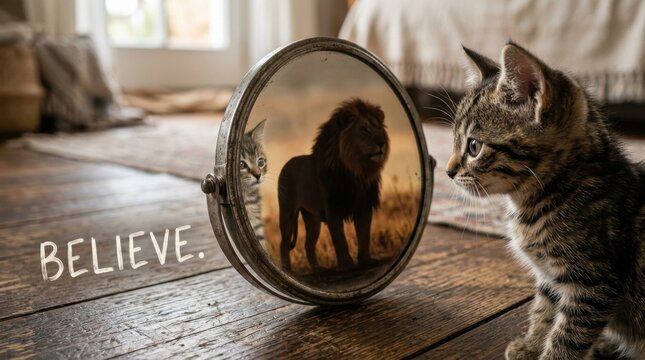 Small tabby kitten looking into a vintage round mirror on a rustic wooden floor, seeing a reflection of a majestic male lion in the wild with the motivational text word Believe.