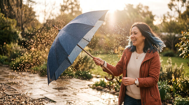 Woman shaking wet umbrella outdoors in sunlight
