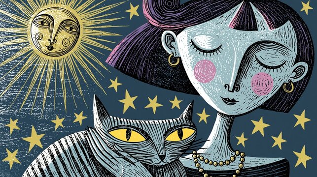 illustration mystique d'une femme et son chat sous un ciel &eacute;toil&eacute;