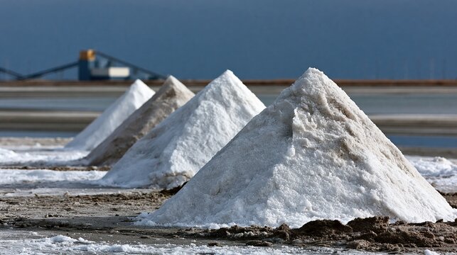 Tas de sel blanc dispos&eacute;s en pyramides sur un marais salant