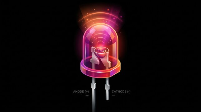 Rendered electronic red led light component showing anode and cathode pins illuminated glow.