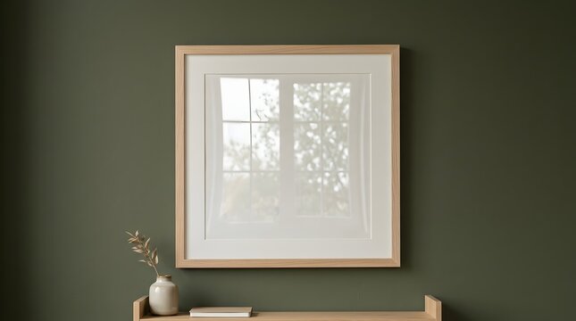 Modern interior design with empty picture frame on green wall