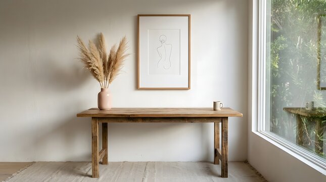Minimalist interior with wooden table vase with pampas grass and framed art