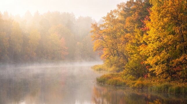 Serene autumn landscape with golden trees and misty river at sunrise, featuring colorful fall foliage reflecting on calm water in a peaceful forest setting