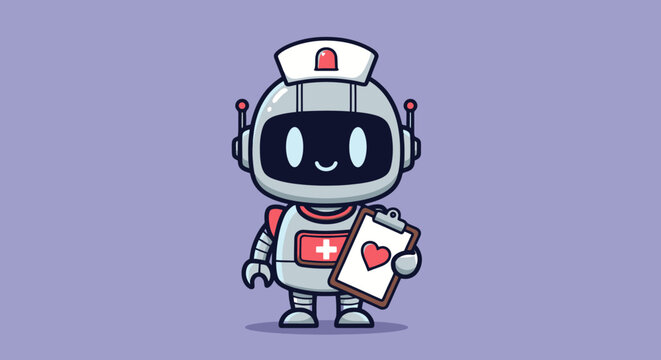 A cute cartoon robot nurse wearing a hat and holding a clipboard with a heart symbol.