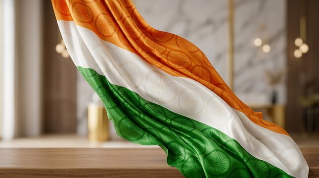 Green cloth draped over wooden window sill with orange curtain